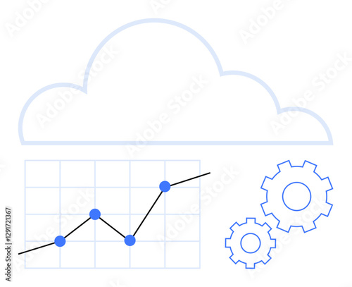 Graph with upward trend line and gears under a cloud outline, symbolizing cloud computing, data analysis, and progress. Ideal for technology, business, growth, efficiency, innovation analytics