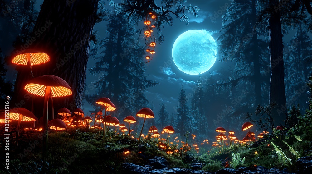 Fototapeta premium Enchanted Forest at Night: Glowing Mushroom Grove Under a Full Moon AI Generated