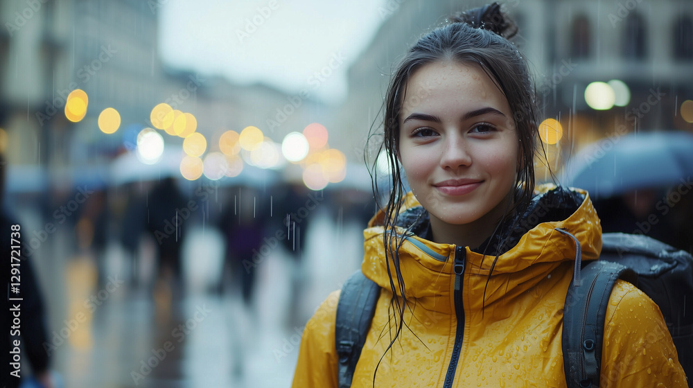Young woman smiling and walking in the city street, dressed in casual fashion, enjoying the urban lifestyle Young woman smiling and walking in the city street, dressed in casual fashion, enjoying the urban lifestyle