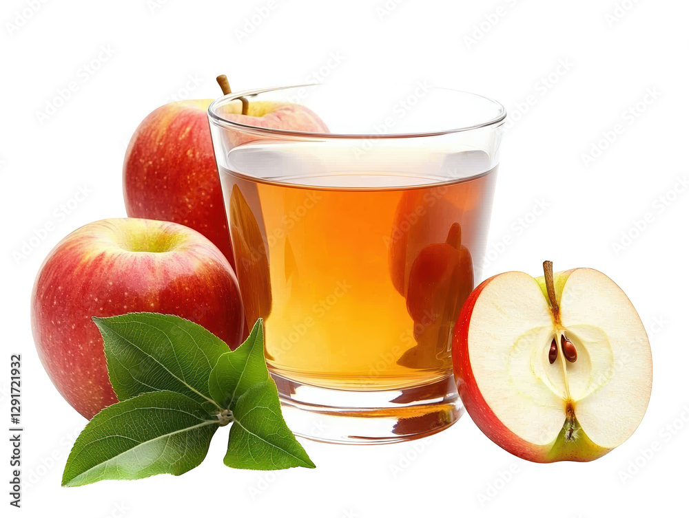 A refreshing glass of apple juice accompanied by whole apples and a sliced apple, showcasing vibrant red color and green leaves. A refreshing glass of apple juice accompanied by whole apples and a sliced apple, showcasing vibrant red color and green leaves.