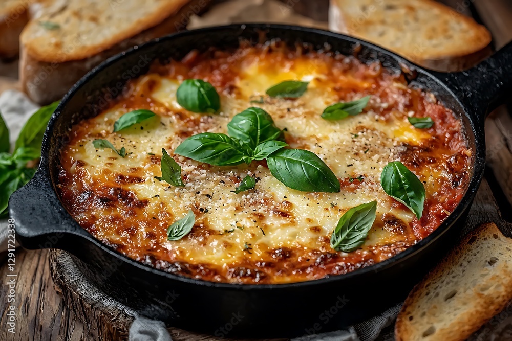 araffy dish of cheese and basil in a cast iron skillet