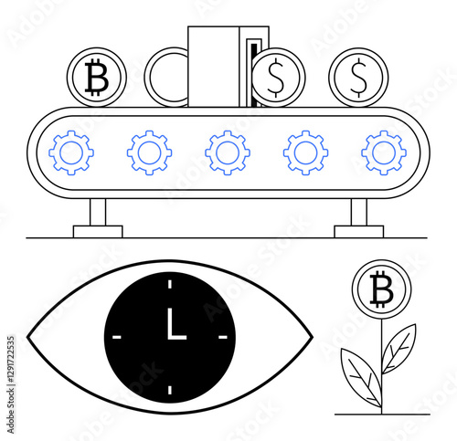 Cryptocurrency coins on a conveyor with gears, an eye with a clock inside, and a Bitcoin growing plant. Ideal for finance, technology, blockchain, time management, investment growth, innovation