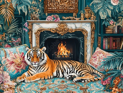 painting of a tiger laying on a couch in front of a fireplace
