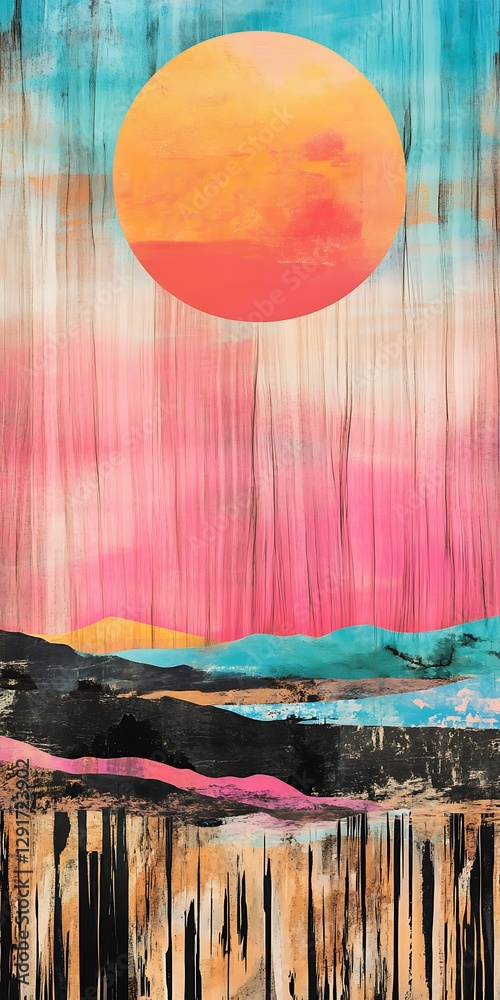 Naklejka premium painting of a sunset over a body of water with a tree