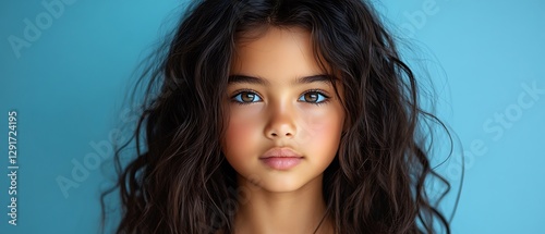arafed young girl with long dark hair and blue eyes