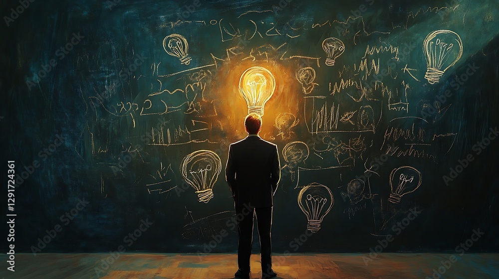 Man illuminated by bright idea, equations on chalkboard. Man illuminated by bright idea, equations on chalkboard.