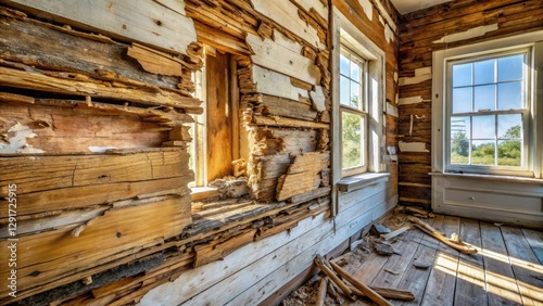 Wallpaper Mural Sunlit Decay  A Rustic Interior View of Severely Damaged Wooden Walls and Flooring in an Abandoned Structure Torontodigital.ca