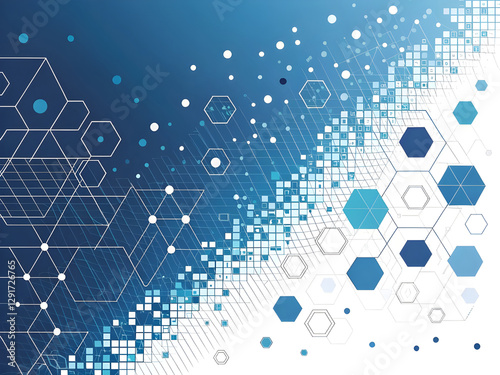 Abstract digital network design with hexagons and squares.