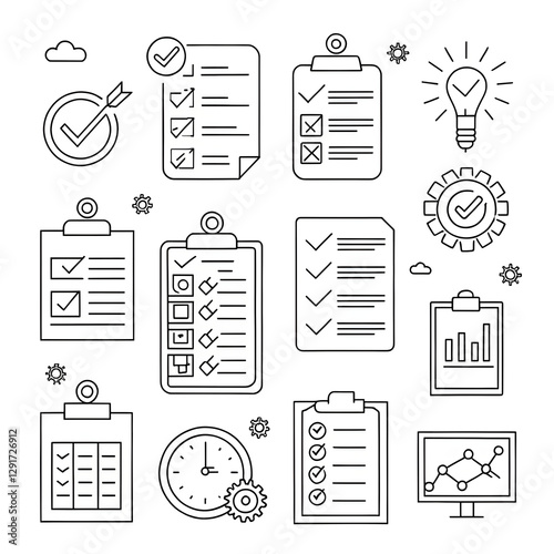 Simple Line Art Icons of To-Do Lists, Checklists, and Productivity Tools