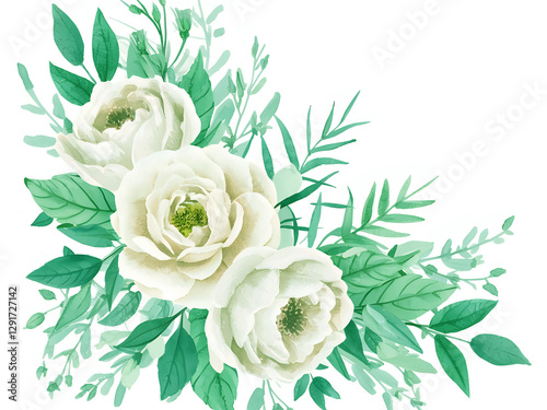 Delicate White Roses and Greenery Watercolor Arrangement