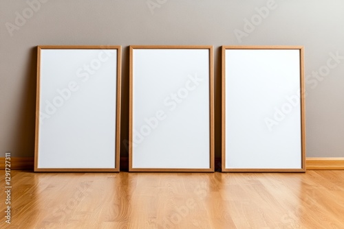 Three empty wooden picture frames standing against the wall of an apartment, with blank white canvases inside each frame. The background is a neutral beige, and there is light wood flooring