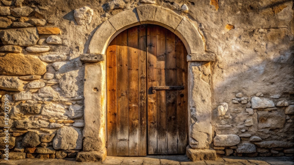 Rustic Wooden Doorway Set in Ancient Stone Wall, Bathed in Warm Golden Sunlight Rustic Wooden Doorway Set in Ancient Stone Wall, Bathed in Warm Golden Sunlight