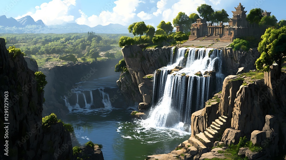 Naklejka premium Serene Waterfall Landscape: Digital Painting of a Mountaintop Temple AI Generated