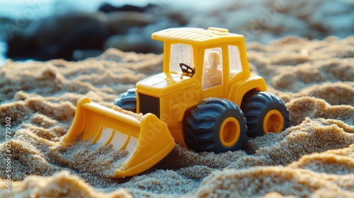 Toy bulldozer on beach, ocean background, summer fun