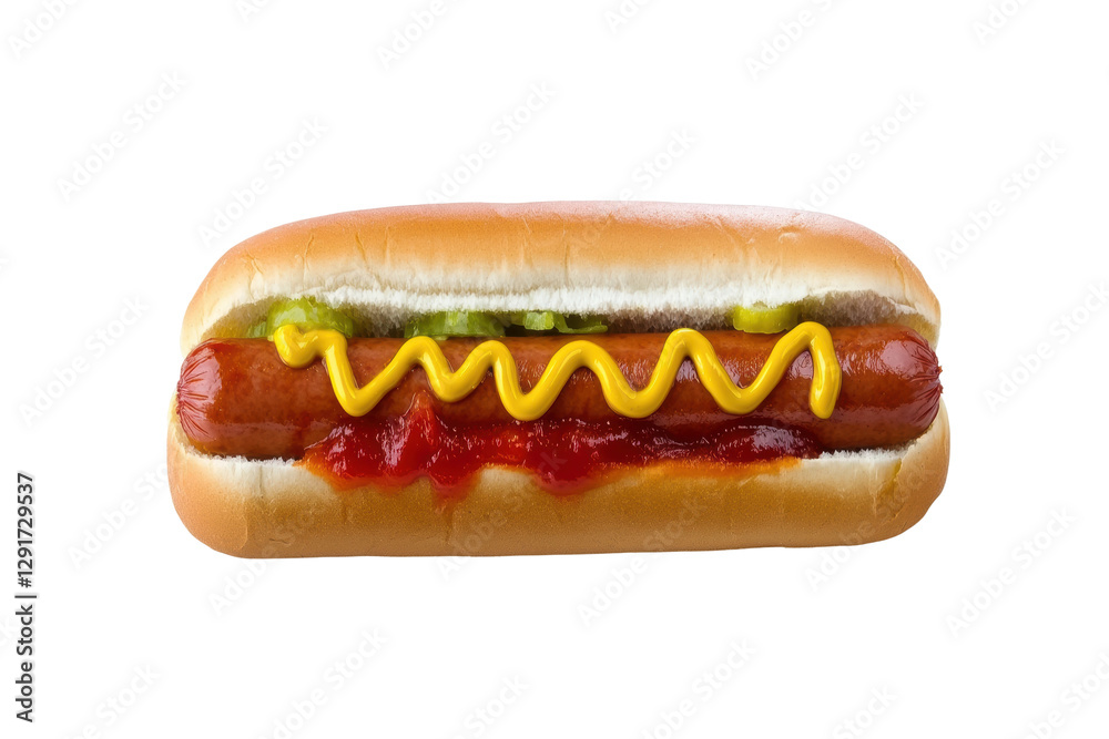 Delicious hot dog loaded with mustard and ketchup, cut out