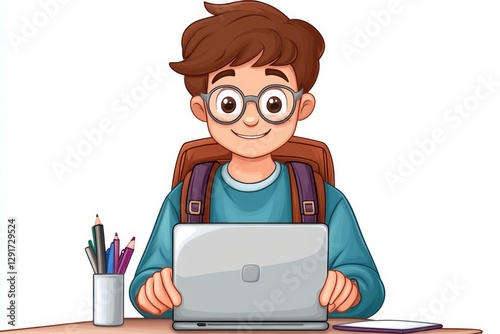 a 2D cartoon illustration of a student using a laptop for schoolwork, modern and focused, white background