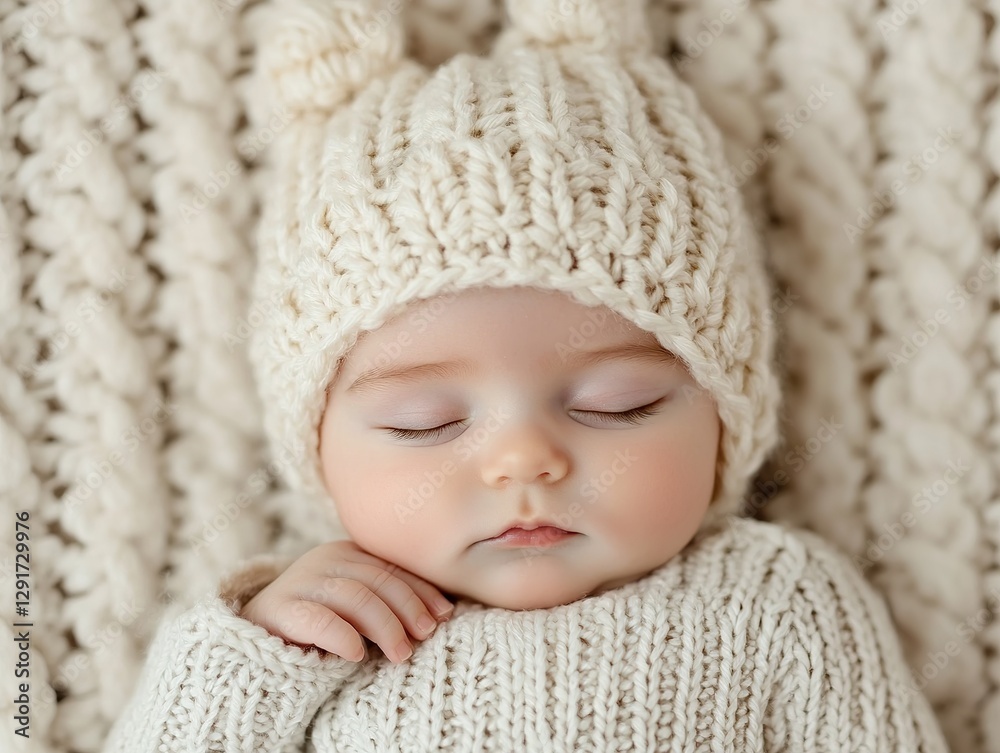 Sleeping baby in cozy knitwear home setting portrait soft textures close-up peaceful vibes Sleeping baby in cozy knitwear home setting portrait soft textures close-up peaceful vibes