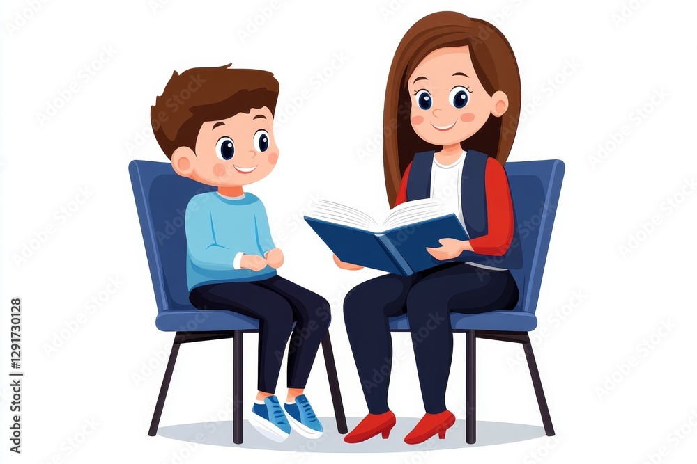 a 2D cartoon illustration of a teacher helping a child learn to read, caring and educational, white background a 2D cartoon illustration of a teacher helping a child learn to read, caring and educational, white background