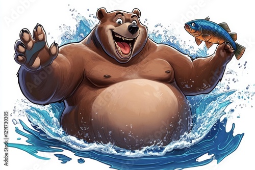a 2D cartoon illustration of a bear catching fish in a river, strong and wild, white background