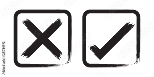 Check mark cross sign in grunge style. Yes and no symbol. Dirty hand drawn brush stroke