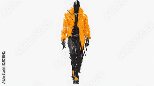 Dynamic Fashion Forward: a bold fashion statement with a manakin dressed in striking orange jacket, showcasing avant-garde and high-fashion clothing designs. The scene is clean and modern.