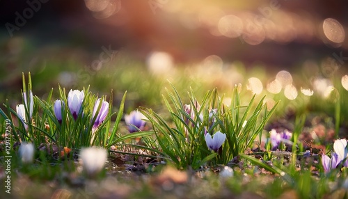 A close-up shot of fresh green grass sprouting in the early spring, with tiny white or purple blossoms scattered across the ground. The gentle light enhances the textures, symbolizing growth