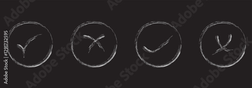Set of tick and cross brush icon collection. Check and cross symbol. Vector Illustration. Hand drawn checklist symbols. Green check mark and red cross mark vector icons. EPS 10
