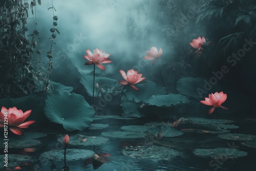 Serene lotus pond with vibrant pink flowers floating on the water on foggy background with dark green leaves in the foreground, Spring banner. Fantasy and surreal art style.