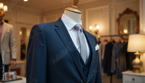 Elegant groom's suit displayed in boutique, wedding fashion showcase photo