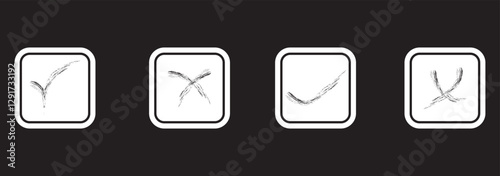 Set of tick and cross brush icon collection. Check and cross symbol. Vector Illustration. Hand drawn checklist symbols. Green check mark and red cross mark vector icons. EPS 10