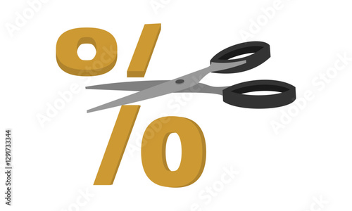 percent sign cut with scissors, the concept of interest rate cuts, vector illustration isolated on white background.