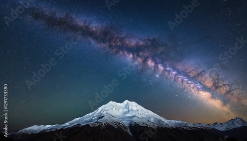 Fototapeta Naklejka Na Ścianę i Meble -  A night sky with the Milky Way illuminating the silhouette of a snow-capped mountain. 