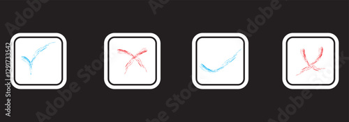 Set of tick and cross brush icon collection. Check and cross symbol. Vector Illustration. Hand drawn checklist symbols. Green check mark and red cross mark vector icons. EPS 10