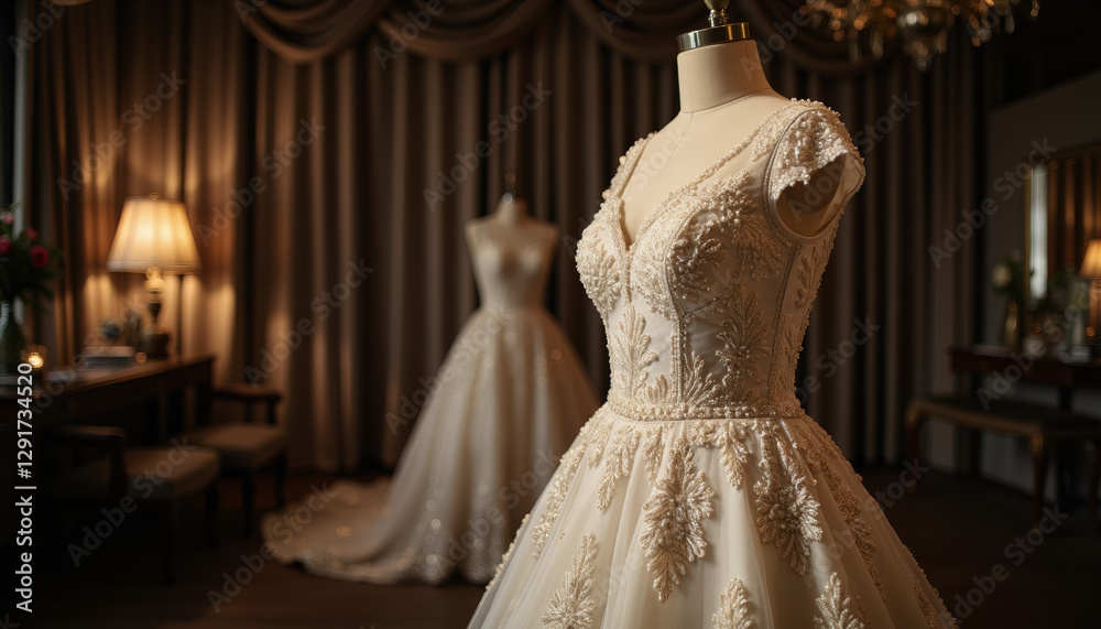 Fototapeta premium Elegant beaded wedding dress on mannequin in boutique, timeless beauty