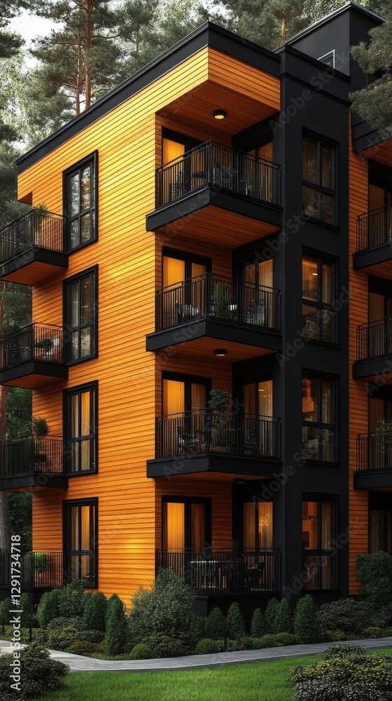 Naklejka premium Modern Orange Brick Apartment Building In Forest