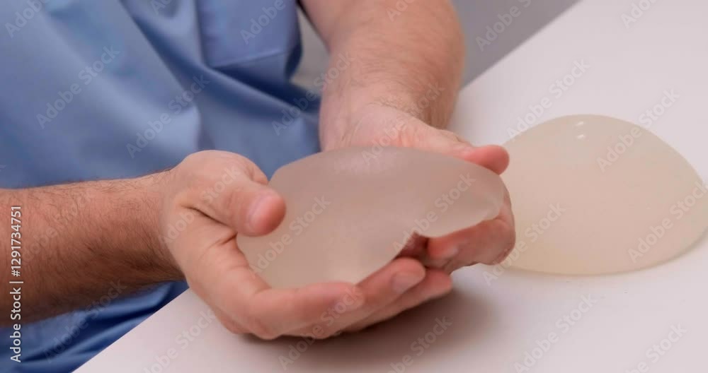 doctor holding breast enlargement implant in hands, plastic surgery concept, beauty enhancement, medical Mammoplasty and plastic surgery, mastopexy