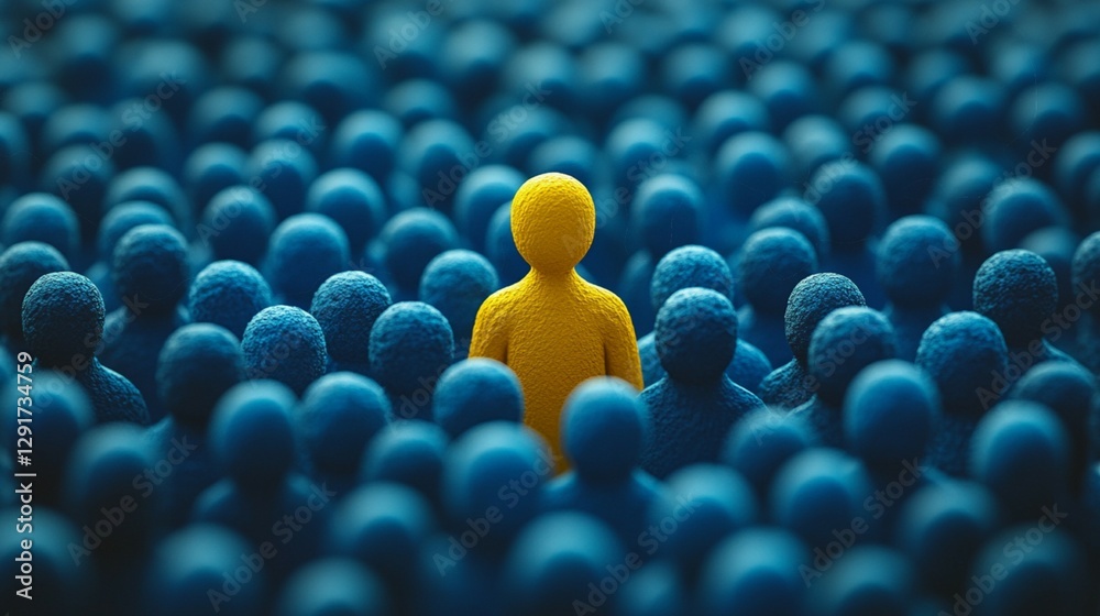 Obraz premium Group of People in a Row – All Blue Except One Yellow 