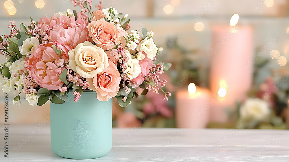 Obraz premium Bouquet of pink roses and peonies in a turquoise vase arranged on a table with burning candles and warm bokeh lights.