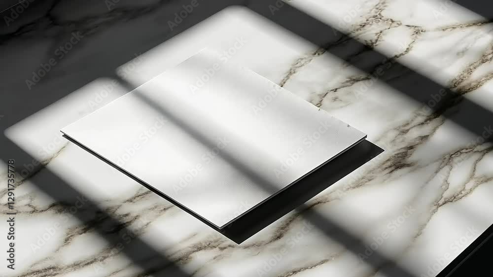 A blank sheet of paper resting on a marble surface with dramatic shadows in a serene setting
