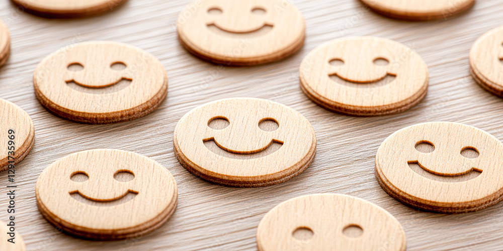 Fototapeta premium Happiness in minimalist design smiling faces wooden tokens for home office