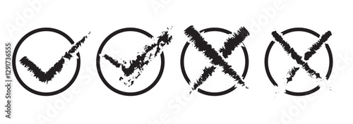 Brush styles check mark icon button set .Check mark with tick and cross brush signs and vote, decision, election choice in green tick box and red cross. 