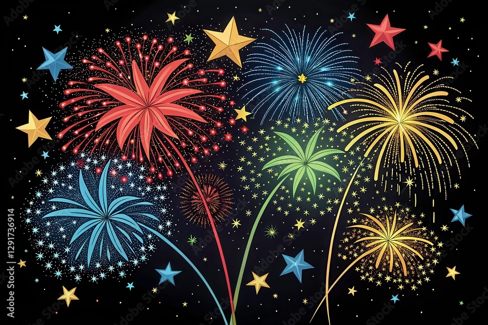 Fototapeta premium Colorful Fireworks Display With Sparkling Stars on a Black Background. Generative AI