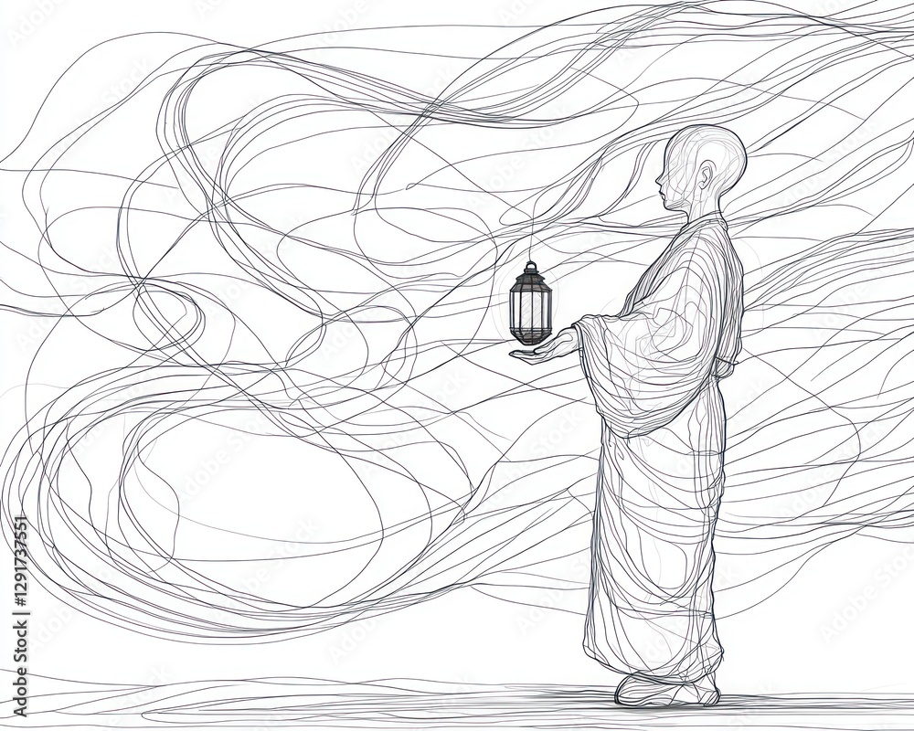 Continuous line drawing a person holding a lantern, with flowing lines forming the light and shadows Continuous line drawing a person holding a lantern, with flowing lines forming the light and shadows