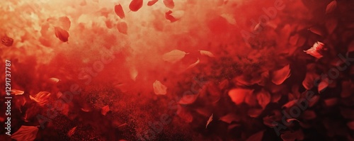 Red gradient background of petals floating in the air with dust particles drifting around, banner with mysterious atmosphere and copy space.
