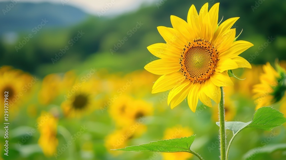 Obraz premium A vibrant sunflower stands tall amidst a field of blooming sunflowers, showcasing its bright yellow petals against a lush green backdrop.
