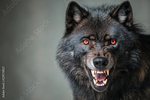 A black wolf with red eyes and bared fangs, glowing in the dark, against a solid background photo