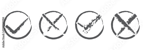 Tick and cross vector. Brush stroke of yes and no button. Check mark and cross icon set illustration. Check marks doodle set. Voting elements. Yes or no signs and square, rectangular or round checkbox