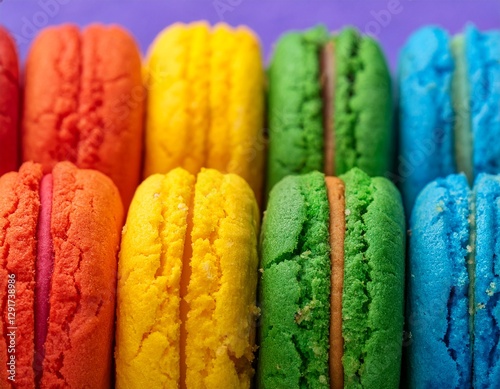 Primer plano de gruesas galletas dispuestas en filas simulando el arcoiris, mostrando su textura y patrones. El fondo es neutro para resaltar los detalles de cada cookie. alta resolución y alta calida photo