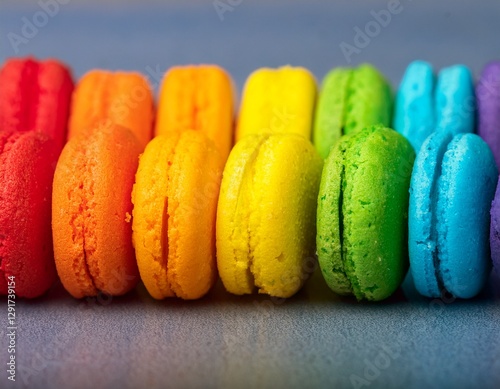 Primer plano de gruesas galletas dispuestas en filas simulando el arcoiris, mostrando su textura y patrones. El fondo es neutro para resaltar los detalles de cada cookie. alta resolución y alta calida photo