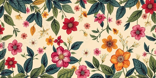 Colorful floral seamless pattern on beige background